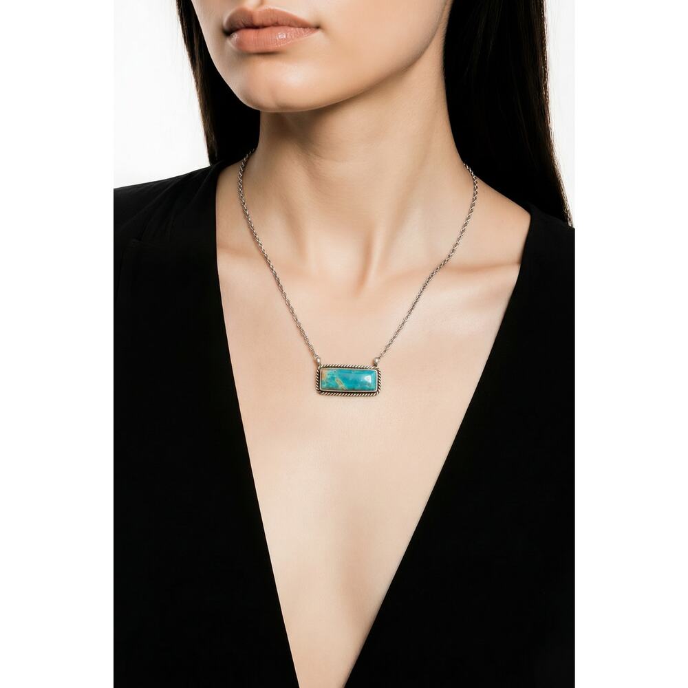 Navajo Donovan Skeets Sterling Silver Kingman Turquoise Bar Pendant Necklace